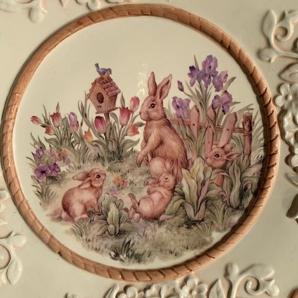 Vintage Cracker Barrel Easter Treasures Tulip Bunny Plate Tray Rabbit decor - Picture 2 of 8